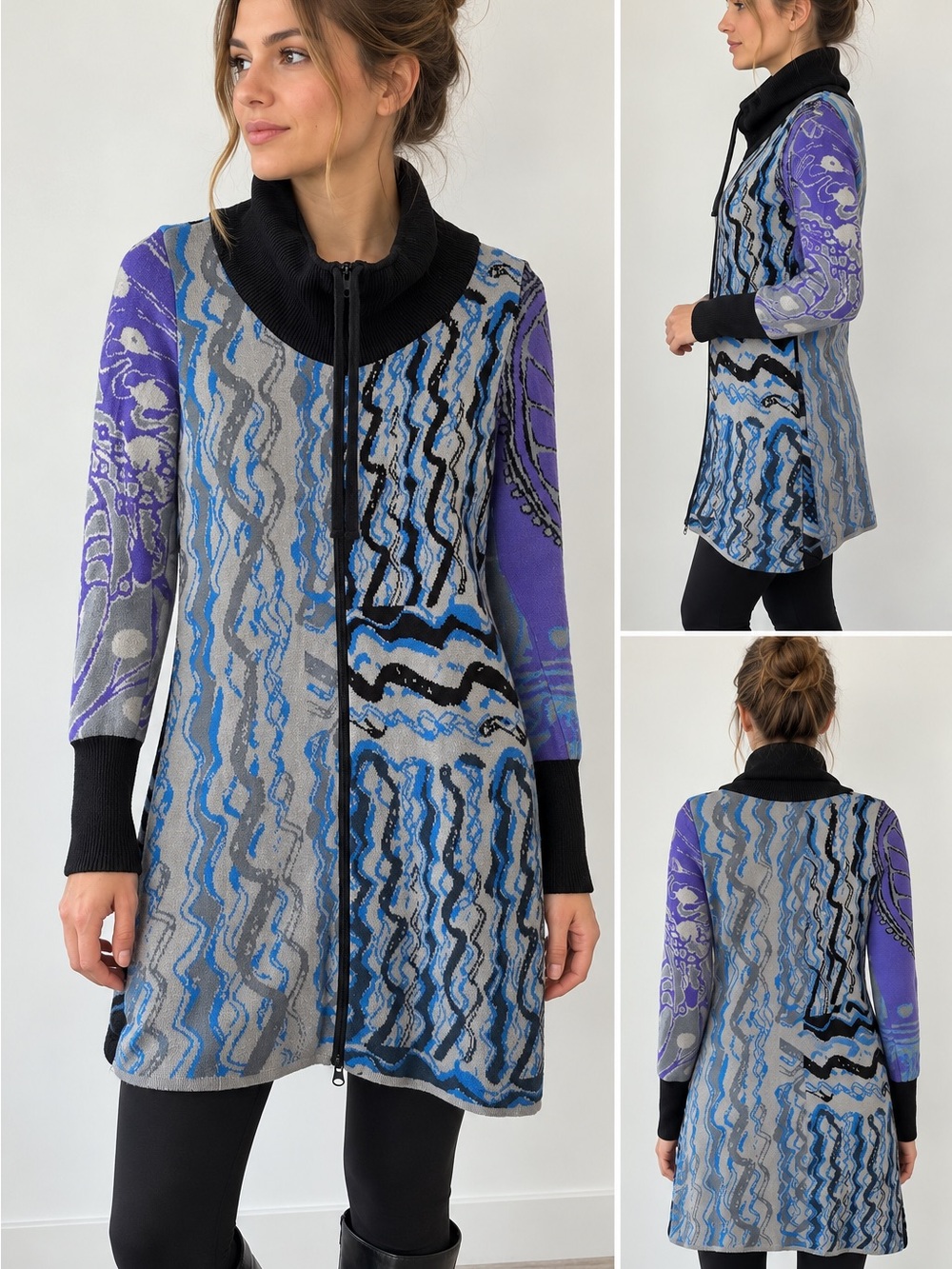 KOOI Knitwear Abstract Full Zip Long Cardigan Jacket Blue Purple S